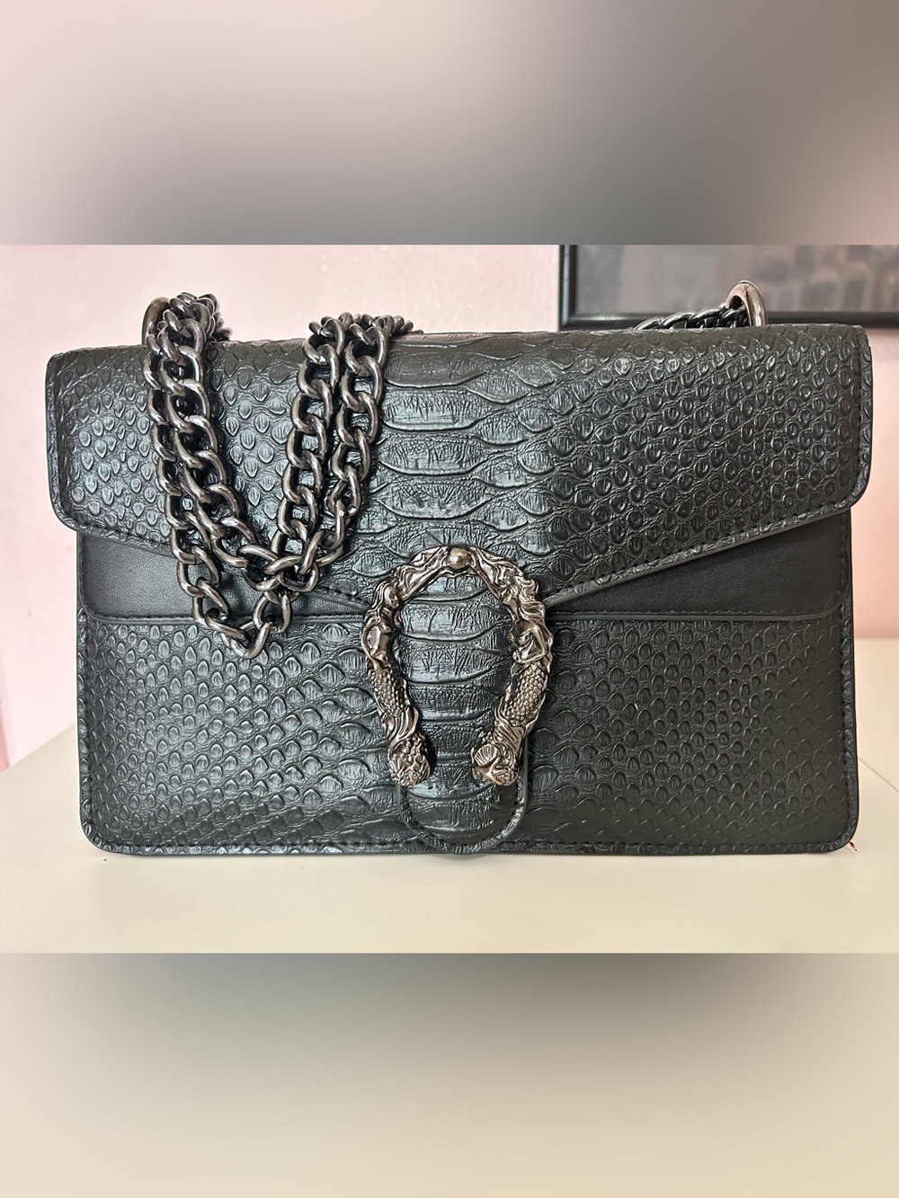 Black Textured Siren Chain-Handle Shoulder Bag